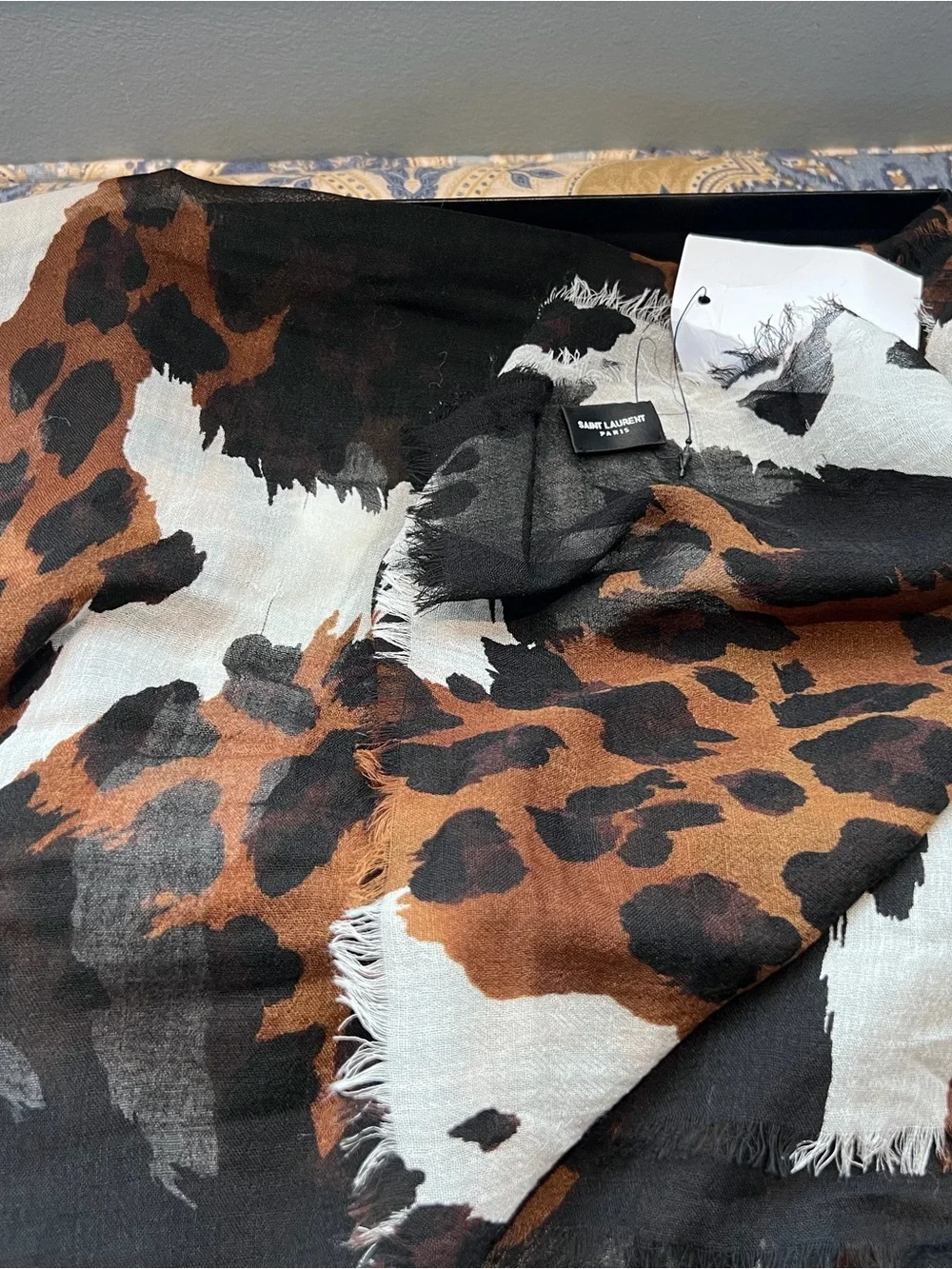 Saint Laurent Black Brown Cream Leopard-Print Fringed Scarf